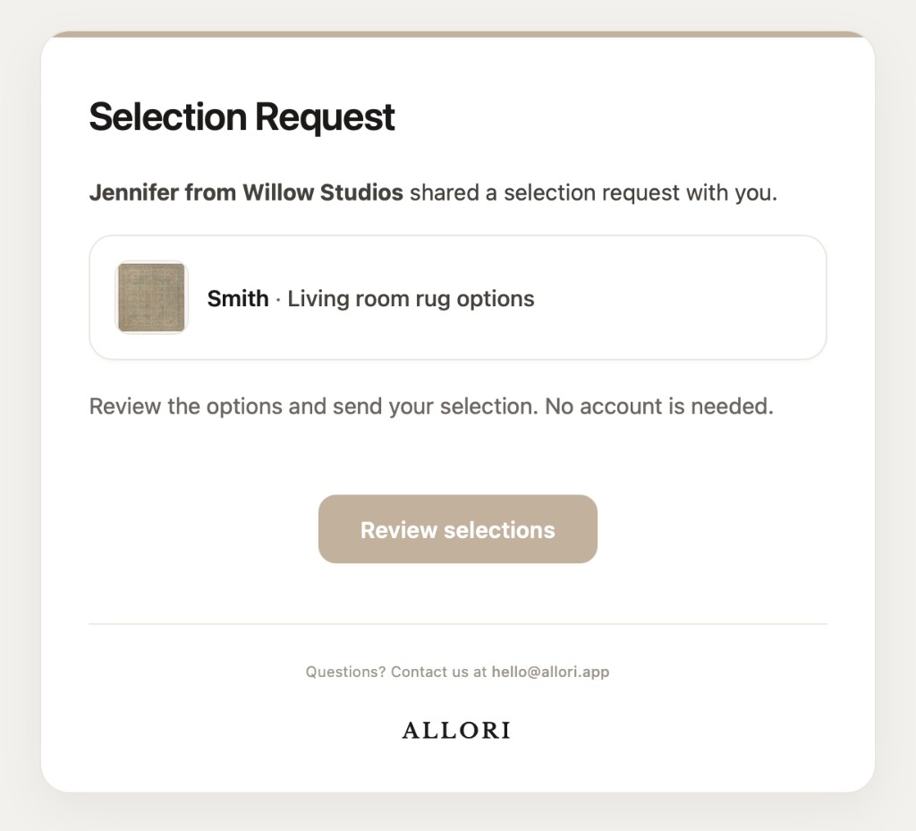 Interior design selection request email inviting a client to review options and submit a decision without creating an account