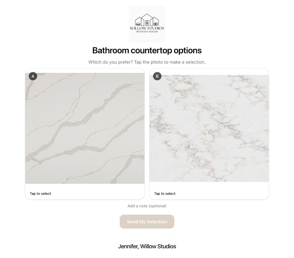 Allori client selection page showing bathroom countertop options for interior design clients to choose from