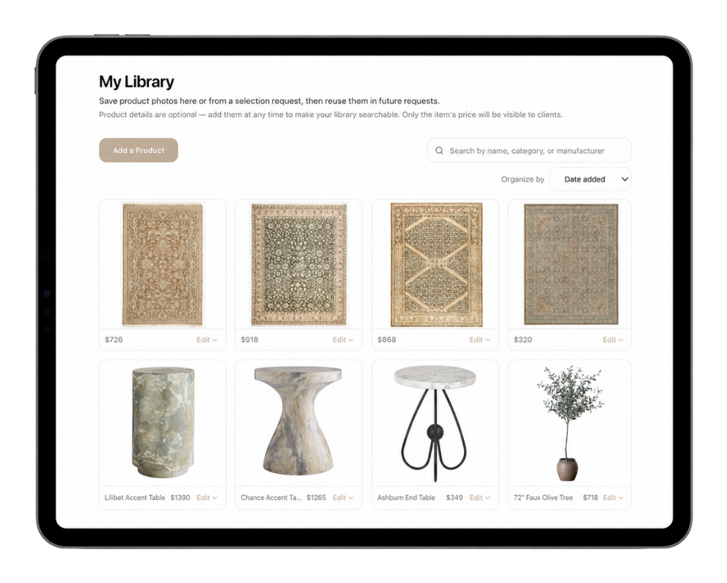 Product library with saved rugs, tables, and decor